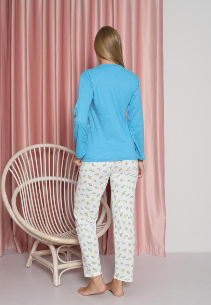 Pijama damă, cu mânecă lungă și pantaloni lungi din bumbac, imprimeu Good morning,Engros